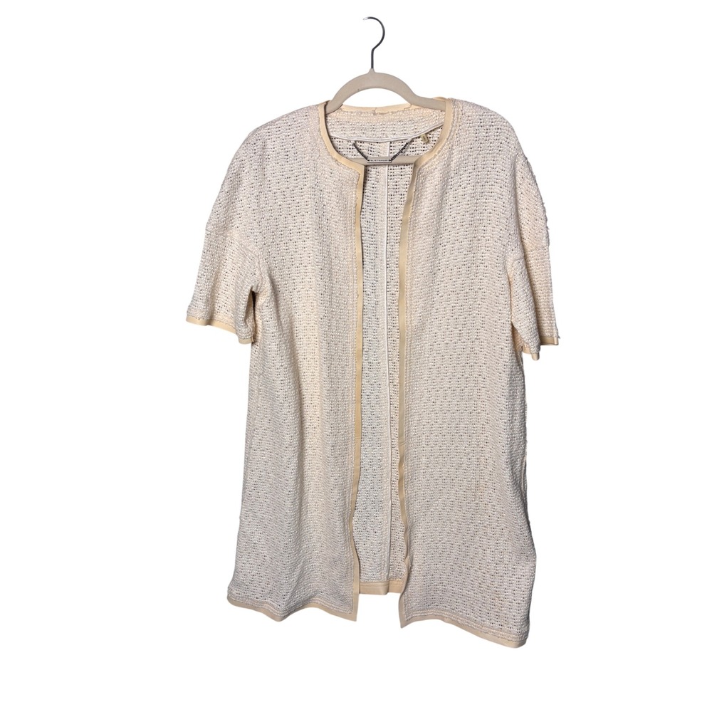 Elie Tahari Duster Cardigan M Cream Leather Trim Knit Quiet Luxury Chic FLAWED